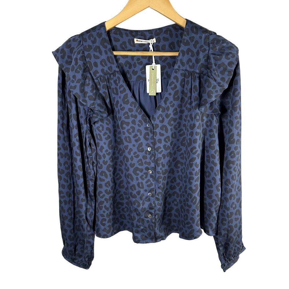 Marine Layer Rory Long Sleeve Ruffle Casual Blouse Size Large Cheetah Blue